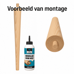 Kegel model grenen tafelpoot 750x90mm - bovenzijde met deuvel - voorbeeld montage