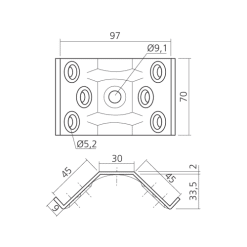 Tafelpoot verbinder 70mm tafelhoekplaat voor demonteerbare tafelpoot met rand - Afmetingen